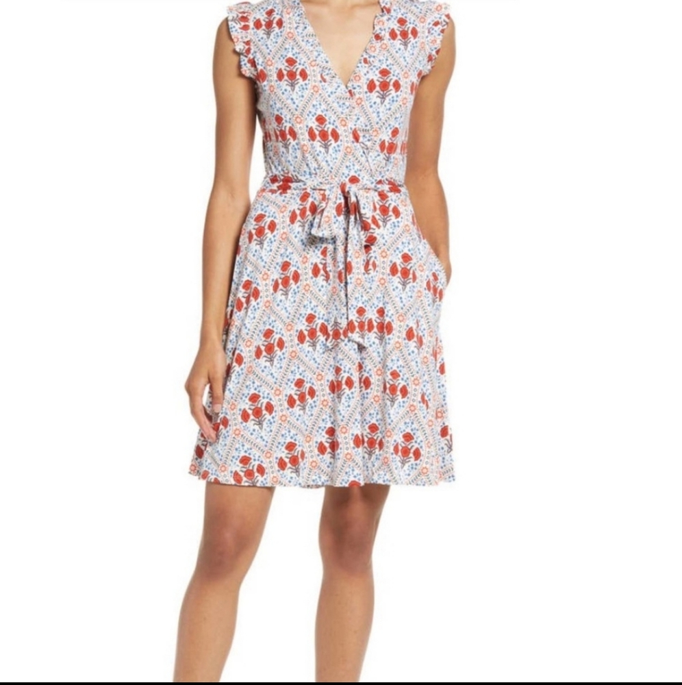 Boden Fixed Wrap Front Dress with Ruffle Trim at Neck & Arm Size 2